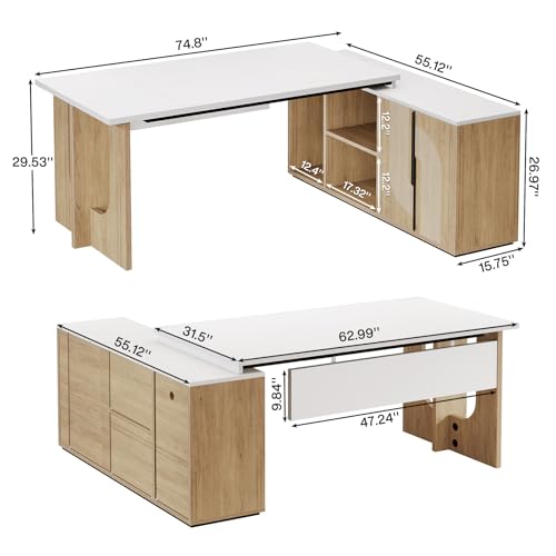 74.8 Inch Executive Desk, L-Shaped Office Desk with Cabinet - view 2