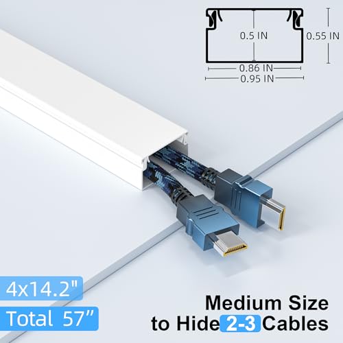 Cord Hider for Wall Mounted TV, 57in Paintable Cable Cover System, Self-Adhesive Cable Management Raceway Kit Hides 2-3 Wires, Baseboard Wire Hider Easy Installation, W 0.95 H 0.55in, White - view 2