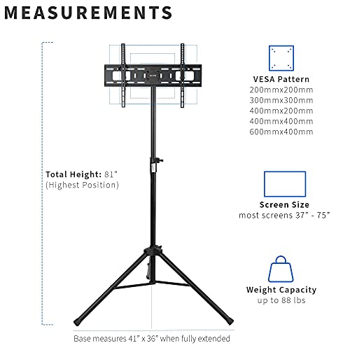 Tripod 37 to 75 inch LCD LED Flat Screen TV Display Floor Stand, Portable Height Adjustable Mount, Black, STAND-TV75T - view 4