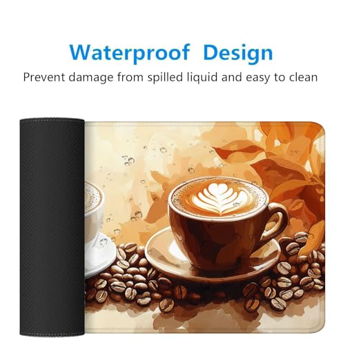 Coffee Desk Mat Gaming Mouse Pad Coffee Beans Leaves Leisure Work Large Gaming Mouse Mat with Stitched Edges,Non-Slip Waterproof Rubber Base Mouse Mat Office Computer Keyboard Laptop Home 31.5"x11.8" - view 3