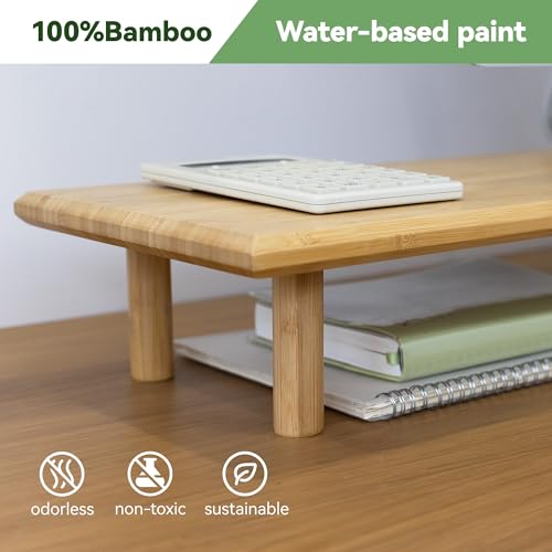 Bamboo Dual Monitor Stand Riser, Natural Desk Shelf with Storage - view 2