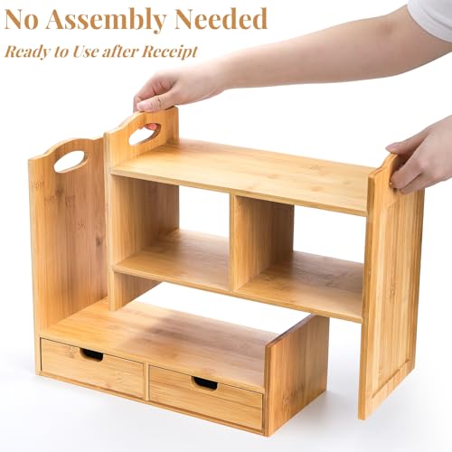 Bamboo Desktop Bookshelf, Expandable Counter Bookcase, Storage Shelves Rack Organizer with Anti-Slip Pads, Cute Small Desk Display Cubby Top for Office Supplies, No Assembly Needed - view 4