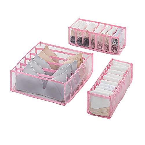 Foldable Underwear Storage Box, 3Pcs Set Organizer Drawer Divider Compartment, Nylon Divider Bra Socks Panty Storage Bag (Pink)