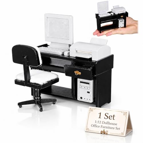 1:12 Dollhouse Office Furniture Set, Miniature Desk Chair Computer Printer Keyboard Accessories Black Office Scene Decor for Dollhouse Study Room