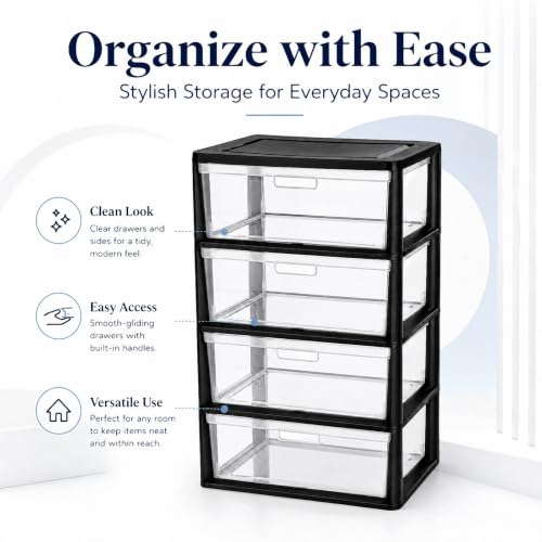 4-Drawer Plastic Storage Tower with Clear Bins and Carry Handles, Black - view 5