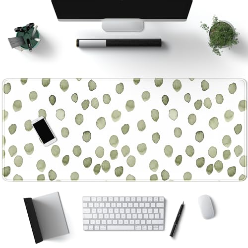 Cute Polka Dot Minimalist Green Keyboard Pad Simple & Atmospheric Desk Mat XL Large Mouse Pad for Women Office Desk Decor Desk Pad with Stitched Edges 31.5x11.8in, Computer Laptop Pad Gaming Mousepad