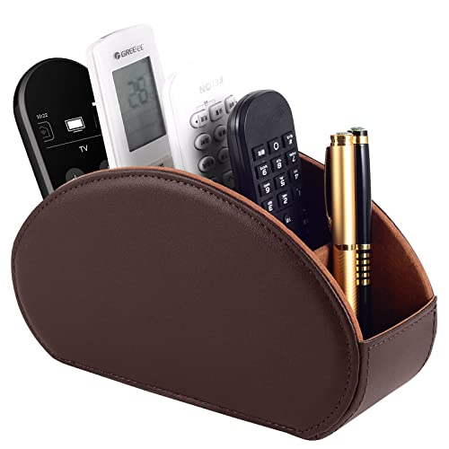 Tv Remote Holder Tray with 5 Compartment,PU Leather Remote Control Holder/Caddy,Placed Media Remote Storage Box/Glasses/Makeup Brush/Office Products/Desktop Organizers Nightstand Decoration (Brown)
