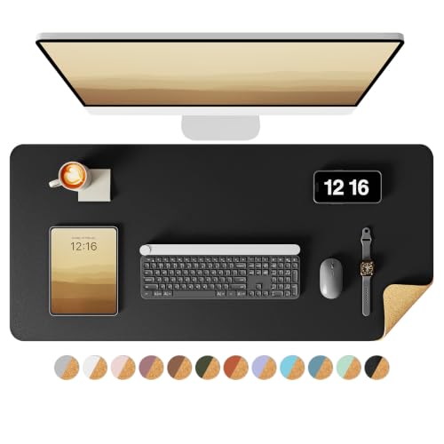 Double-Sided Desk Pad, 31.5"x15.7"Leather Desk Mat, Eco Cork Desk Pad Protector,Large Mouse Pad,Waterproof Desk Blotter for Office/Home(Black)