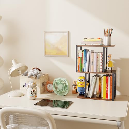 Desktop Bookshelf,3-Tier Desk Organizer Shelf with Hooks Desk Organization Deals for Office Storage Rustic Brown - view 2