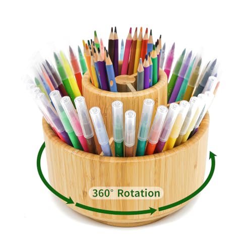 360 Rotating Bamboo Pen Holder for Desk, Art Supply Storage, Medium
