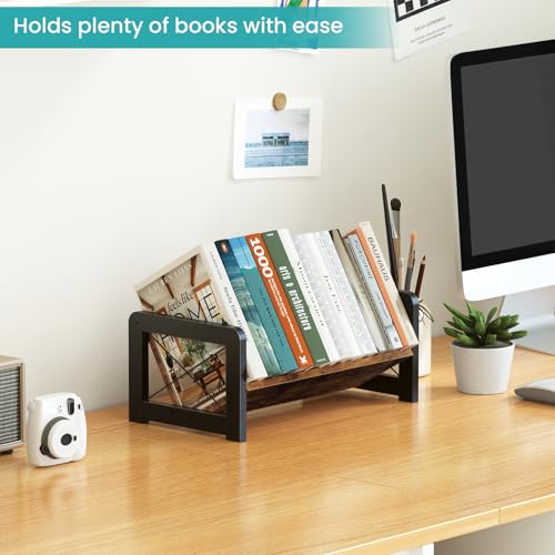 Desktop Bookshelf Organizer, Wood Slanted Desk Bookshelf, Small Tabletop Book Rack, Portable Mini Bookcase for Book Display, Cookbooks, Kids Reading, Office & Home Storage, Rustic Brown - view 4
