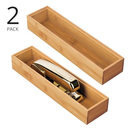 Slim Wooden Bamboo Drawer Organizer for Office - 12" Long Stackable Storage Box Tray for Desk Drawers/Cabinet - Junk Drawer and Accessories Organization - Echo Collection, 2 Pack, Natural Wood - view 2