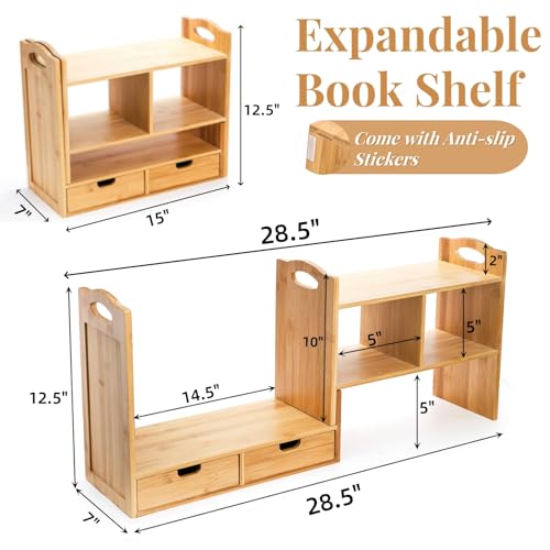 Bamboo Desktop Bookshelf, Expandable Counter Bookcase, Storage Shelves Rack Organizer with Anti-Slip Pads, Cute Small Desk Display Cubby Top for Office Supplies, No Assembly Needed - view 3