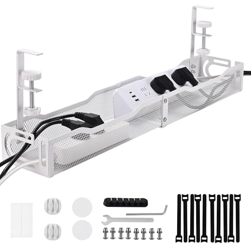 Under Desk Cable Management Box 25.3 Inch – Clamp-Mounted Cable Organizer Tray, Large Cord Management Box for Office & Home, Wire Organizer Under Desk Storage, White