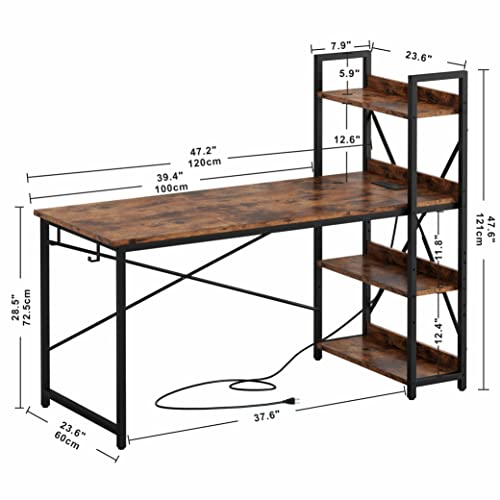 Computer Desk 47" with Power Outlet and Storage Shelves,Rustic Brown - view 6