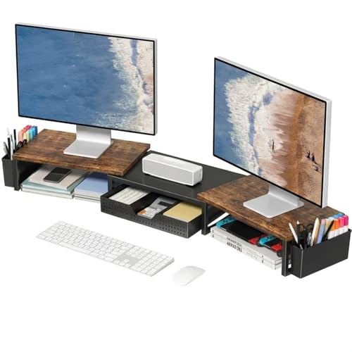 Desk Organizers and Accessories, Dual Monitor Stand Riser with Drawer and 2 Pen Holders, Desk Shelf Computer Racks & Printer Stand for Office Workspace Organizers, Desktop Organization (Rustic Brown)