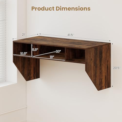 Wall-Mounted Computer Desk, Floating Laptop Desk with 3 Storage Compartments, Space-Saving Home Office Workstation Vanity Table for Bedroom, Study, Living Room (Rustic Brown) - view 3