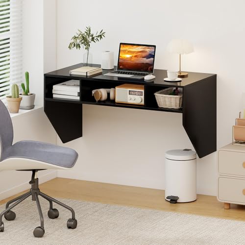 Wall-Mounted Computer Desk, Floating Laptop Desk with 3 Storage Compartments, Space-Saving Home Office Workstation Vanity Table for Bedroom, Study, Living Room (Black) - view 2