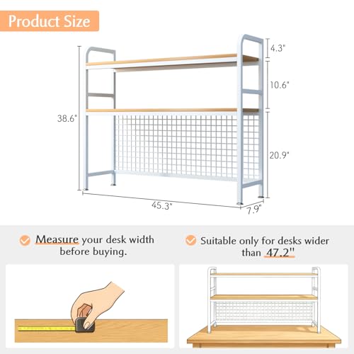 2-Tier Desktop Hutch Bookshelf, Metal Desk Shelf, White, 45.3" W - view 2