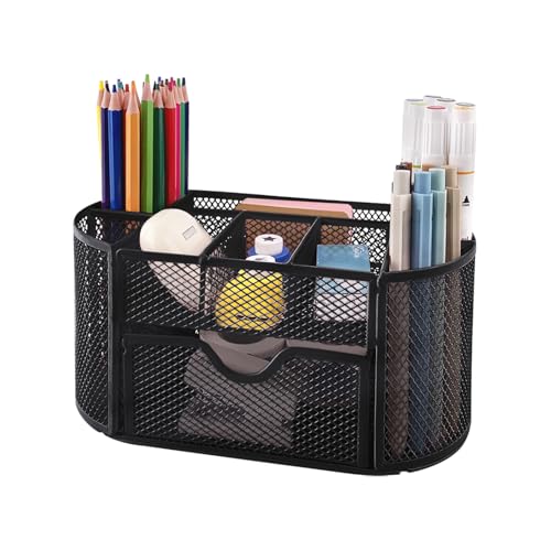 Desk Organizers and Accessories with Pencil Pen Holder Supply 8 Compartments and 1 Pullout Drawer for Home, School, and Office. (Black)