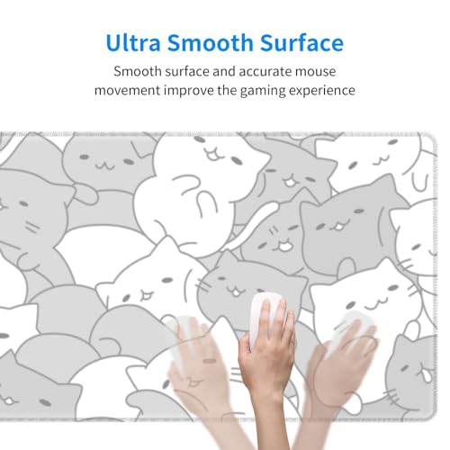White Kawaii Cats E-Sport Mouse Pad Large Desk Mat Non-Slip Rubber Base Stitched Edge Keyboard Mouse Pad for Office Home E-Sport Computer Laptop, 31.5×11.8 Inches - view 3