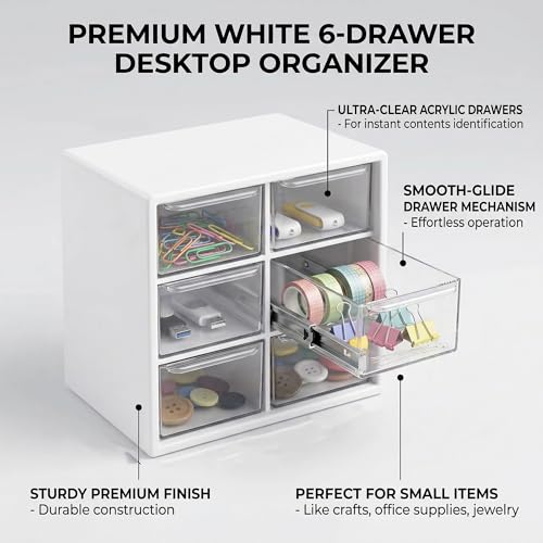Small Drawer Organizer for Desk with 6 Clear Drawers, Mini Desktop Storage Box Plastic Craft Organizer for Office School and Home, White Drawer Organizer for Small Items Accessories Supplies - view 4