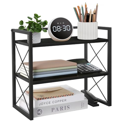Desktop Shelf Organizer, 2 Tier Office Shelves, Wood Desk Organizer Storage Rack and Freestanding Display Shelf for Office, Dormitory, Home(Black)