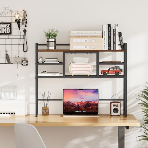 Desk Shelf, 38.6" Desktop Bookshelf, Desk Hutch Dorm, Countertop Storage Hutch with 5 Shelves for Computer Desk, Multipurpose Wood Desktop Display Organizer Rack for Home Office Dorm - view 4