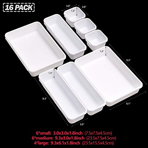 Set of 16 Interlocking Desk Drawer Organizer Tray Dividers Plastic Shallow Narrow Drawers Organizers Separators Storage Bins Container for Kitchen Bathroom Makeup Office Vanity Bedroom Dresser White - view 2