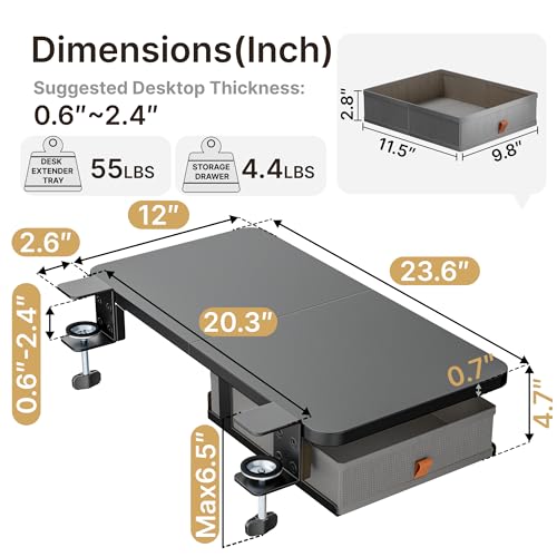 Desk Extender Tray, 24" x 12", with Storage Drawer, Medium, Black - view 6