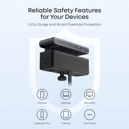 Nano Power Strip, Desk Clamp, 70W Max, 1500J Surge Protector, 2 USB C - view 6
