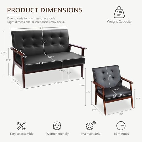 Wooden Loveseat Sofa and Accent Chair Set of 2, Office - view 3