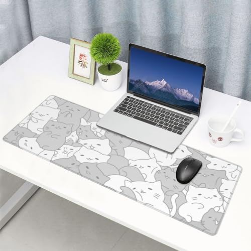 White Kawaii Cats E-Sport Mouse Pad Large Desk Mat Non-Slip Rubber Base Stitched Edge Keyboard Mouse Pad for Office Home E-Sport Computer Laptop, 31.5×11.8 Inches - view 6