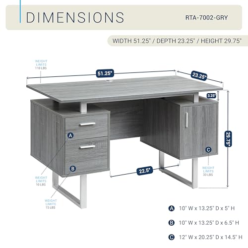 Office Desk with Storage Drawers and Cabinet 51.25” W - Modern Office Desk with Large Floating Desktop Surface - view 3