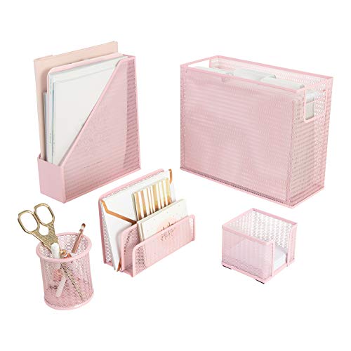 Pink Desk Organizer Set | 5 Piece Metal Office Desk Organizer with Hanging File Holder, Magazine Organizer, Pen Cup, Sticky Note Holder, Letter Sorter | Desk Organizers and Accessories
