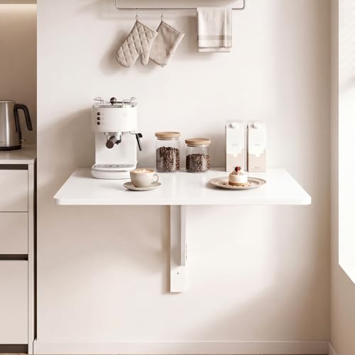 Wall-Mounted Folding Desk, Wooden Floating Laptop Table with Drop Leaf Design, Space-Saving Foldable Wall Desk for Study, Bedroom, Living Room, Laundry (White) - view 5