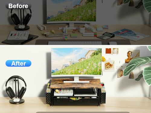 Computer Monitor Stand with Drawer and 2 Pen Holders, Wood - view 3