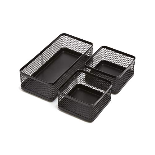Mesh Collection Desk Drawer Organizer Tray 3 Compartment - Stackable, Matte Black