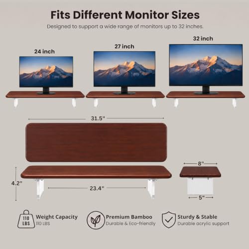 Bamboo Monitor Riser, Wide Desktop Monitor Stand for Desk with Clear Acrylic Legs, 31.5 x 8" Bamboo Wood Shelf, Fit Keyboard, Home Office Workspace Accessories,Study Stationaries Storage (Dark Brown) - view 2