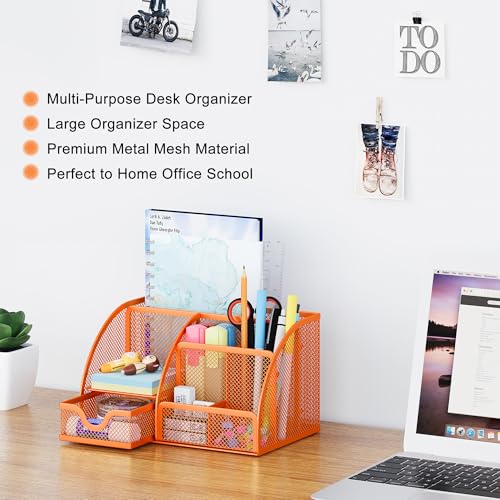 Mesh Desk Organizer with Drawer Multi-functional Pen Holder Stationery Organizer for Office School Supplies 6 Compartments Dorm Organizers and Storage for Desk, Orange - view 2