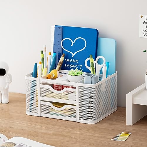 Mesh Desk Organizer, Pen Organizer with 2 Drawer, Multi-Functional Pencil Holder, Desk Organizers and Accessories with 5 Compartments + Drawer for Office Art Supplies (White) - view 5