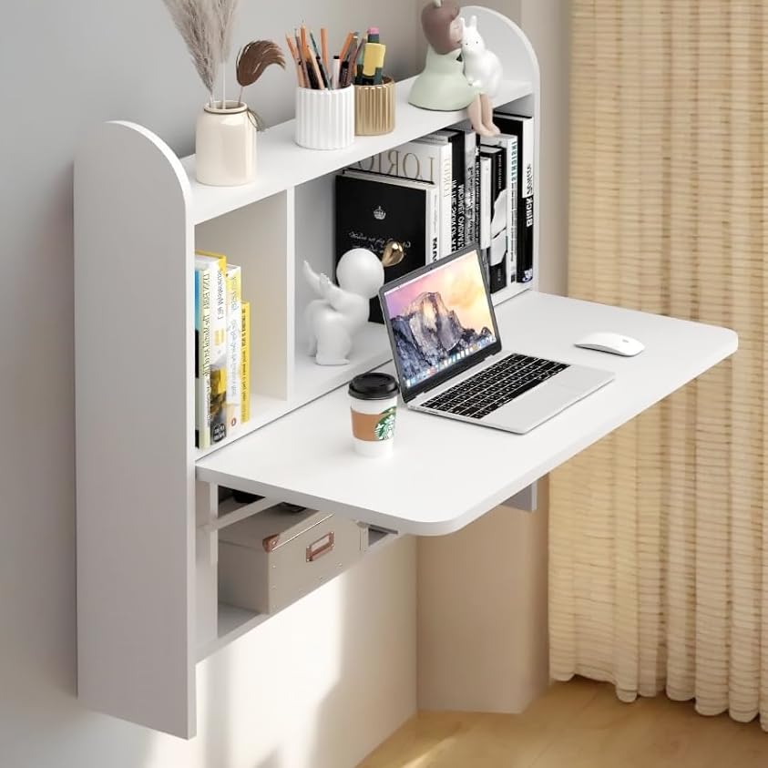 Wall Mounted Drop-Leaf Table, Floating Laptop Desk, Folding Table with Shelves, Multifunctional Computer Workstation with Storage Compartments in Home Office for Space Saving (White)