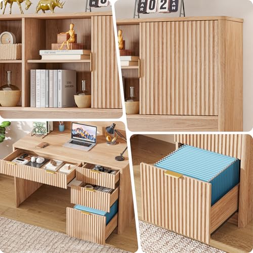 67" H Executive Desk with Fluted Drawers,4 Drawers Fluted ComputerDesk,Wood Workstation with Hutch and BarnDoors for Work and Study,Oak - view 5
