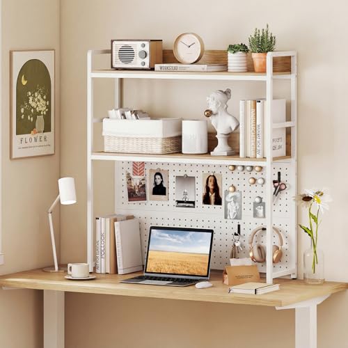 Desktop Bookshelf, Multipurpose 2-Tier Desk Hutch with Pegboard, Industrial Countertop Storage Organizer Rack for up to 32" Computer Monitor, Hutch for Dorm Home Office (Natural) - view 4