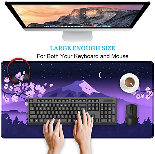 Purple Desk Mat Japanese Desk Pad Cute Fuji Mountain Gaming Mousepad Large, Cherry Blossom Mouse Pad XXL Desk Mats, Kawaii Anime Deskmats Desktop Protector Laptop Keyboard Mat Pad 31.5x15.75 in - view 3