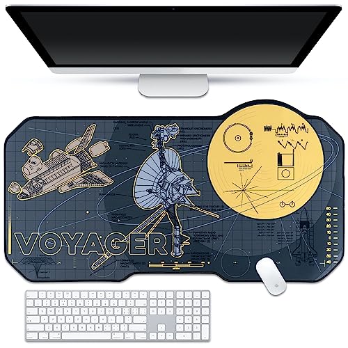 Space Desk Pad | Voyager Spaceship Moon Galaxy Science SciFi Nerdy Mouse Pad | Large Gray Gold Keyboard Laptop Gaming Mousepad | Machine Washable Non-Slip Desk Blotter Protector Mat
