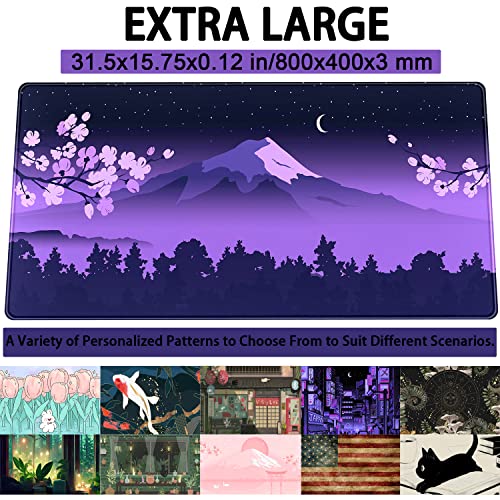 Purple Desk Mat Japanese Desk Pad Cute Fuji Mountain Gaming Mousepad Large, Cherry Blossom Mouse Pad XXL Desk Mats, Kawaii Anime Deskmats Desktop Protector Laptop Keyboard Mat Pad 31.5x15.75 in - view 2
