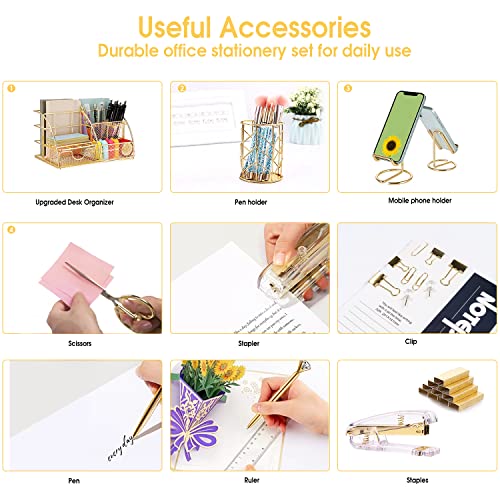 Gold Desk Organizers and Accessories Office Supplies Set Stapler, Pen Holder, Phone Holder, Scissors, Pen, Ruler, 30 Paper Clips, 22 Binder Clip, 20 Tacks and 1000pcs Staples (Gold) - view 5