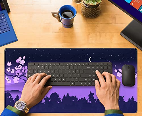 Purple Desk Mat Japanese Desk Pad Cute Fuji Mountain Gaming Mousepad Large, Cherry Blossom Mouse Pad XXL Desk Mats, Kawaii Anime Deskmats Desktop Protector Laptop Keyboard Mat Pad 31.5x15.75 in - view 5