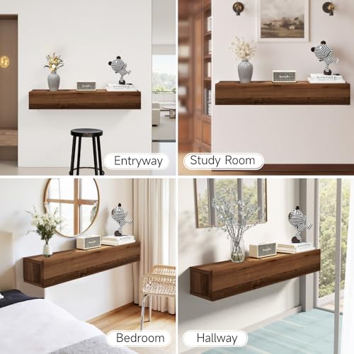 Floating Solid Wood Console Table, 32'' Wall Mounted Narrow Entryway Table with Storage Shelf, Modern Couch Shelves Small Entry Way Tables for Entryway, Front Hall, Hallway (Walnut, 31.5IN) - view 5